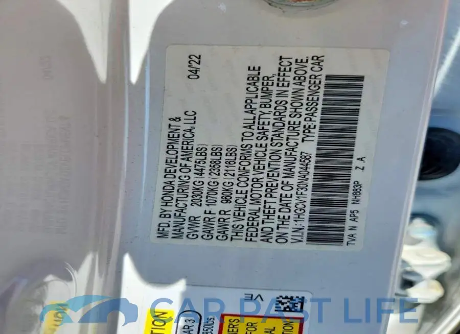 1HGCV1F30NA044587# 12
