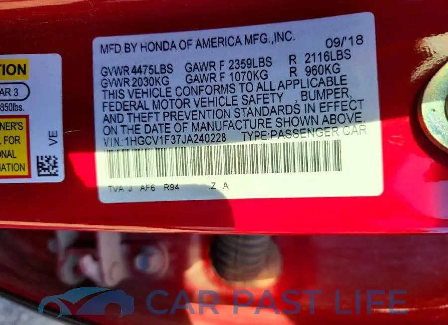 1HGCV1F37JA240228# 12