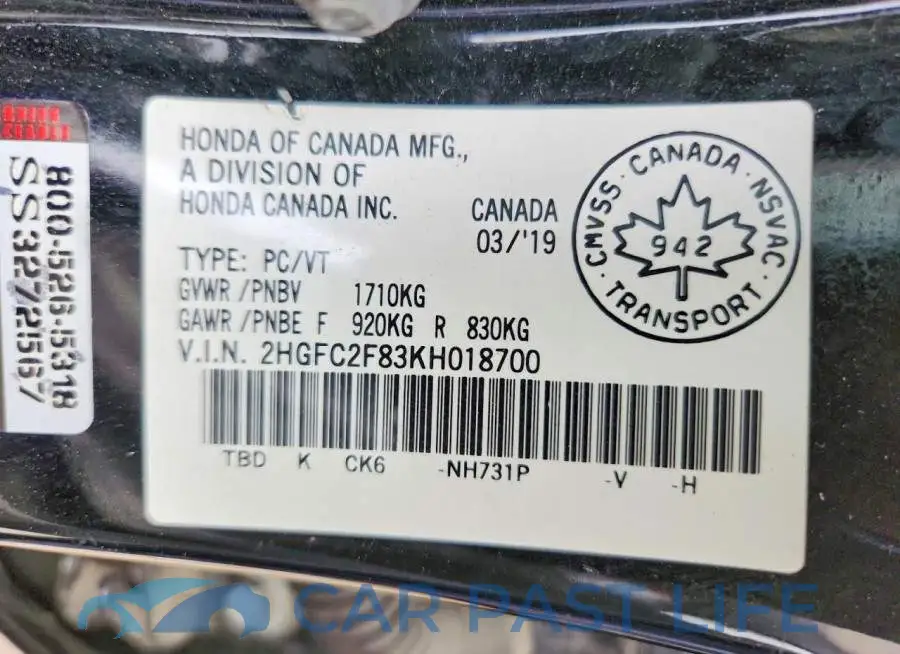 2HGFC2F83KH018700# 13