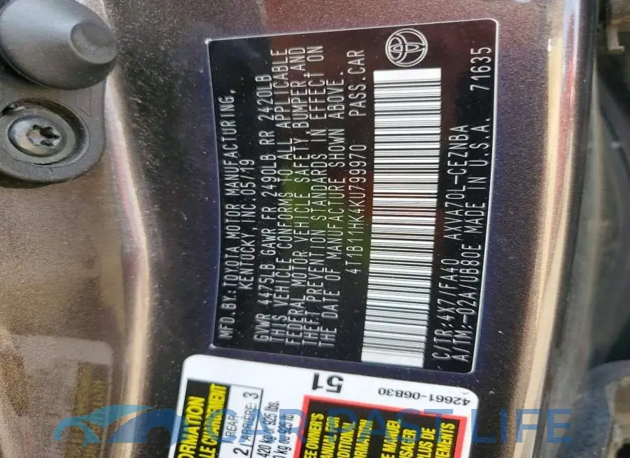 4T1B11HK4KU799970# 12