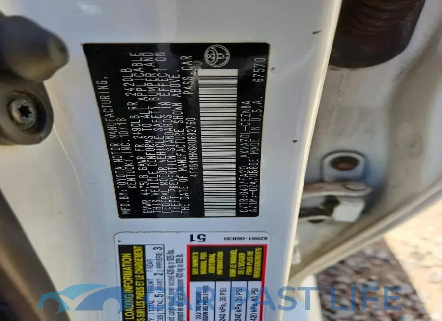4T1B11HK6KU692760# 12