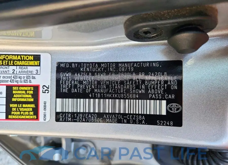4T1B11HKXKU855684# 12