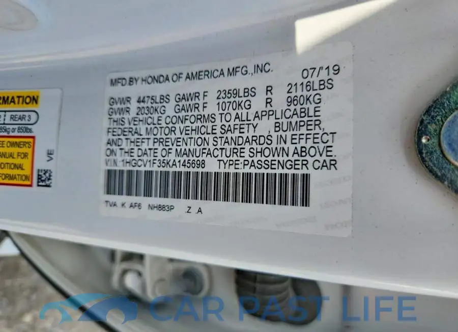 1HGCV1F35KA145698# 12