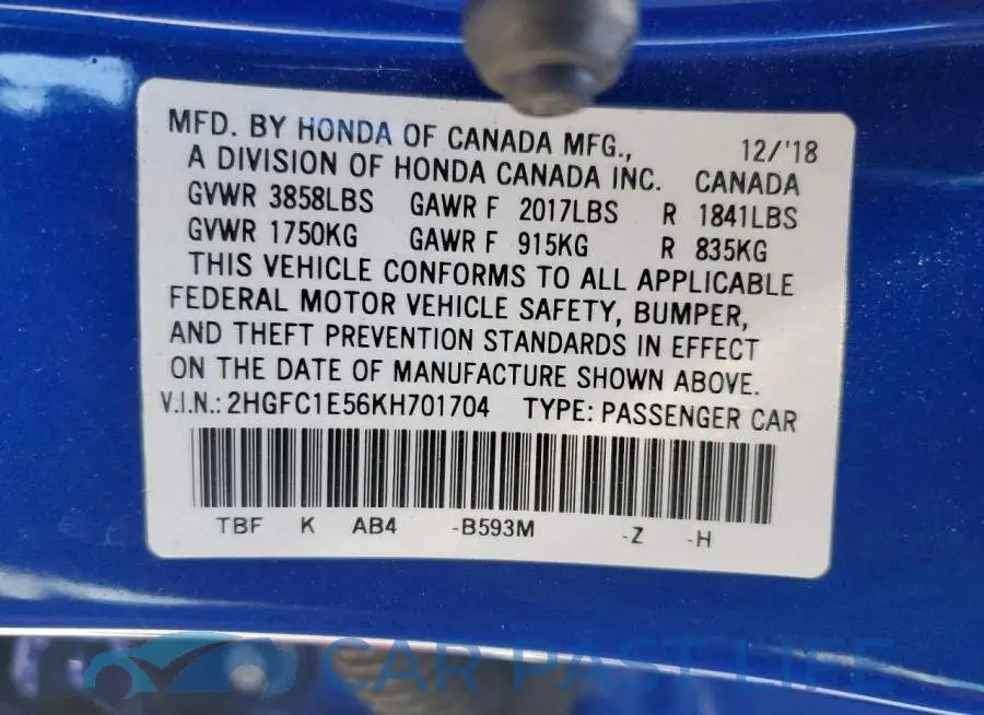 2HGFC1E56KH701704# 13
