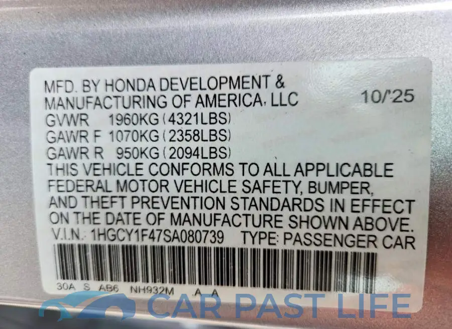 1HGCY1F47SA080739# 12