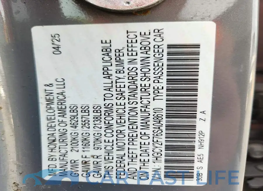 1HGCY2F76SA048610# 12