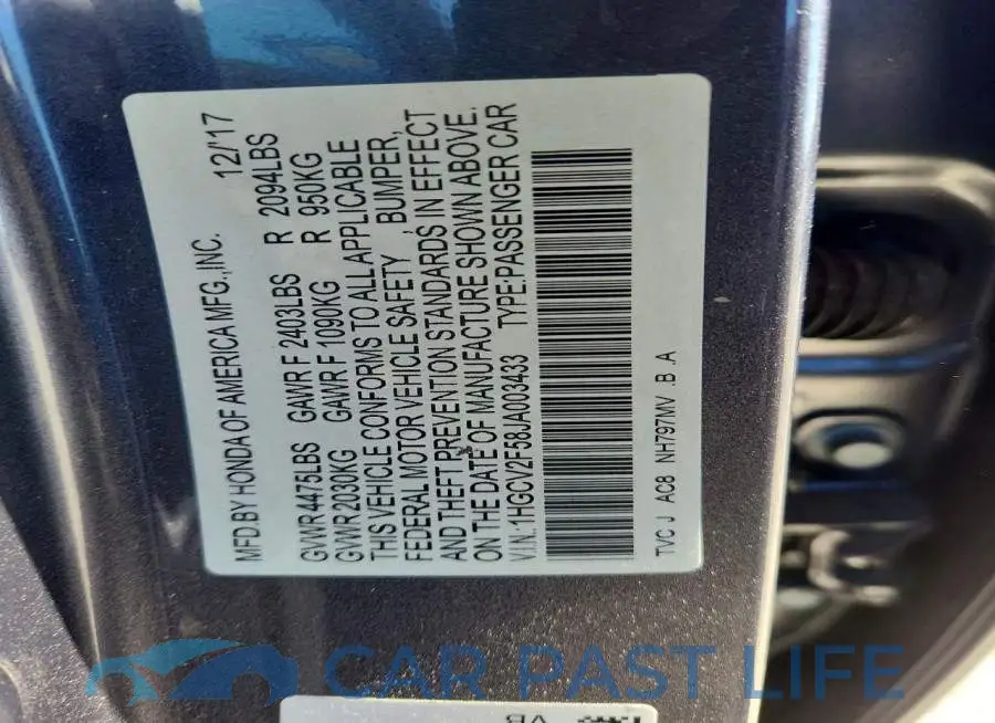 1HGCV2F58JA003433# 12