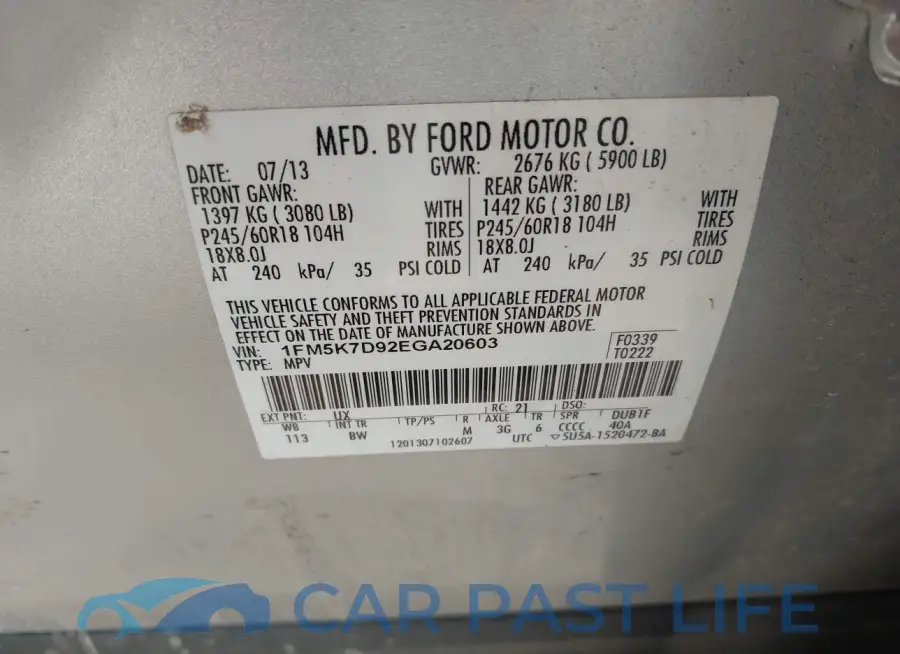 1FM5K7D92EGA20603# 9