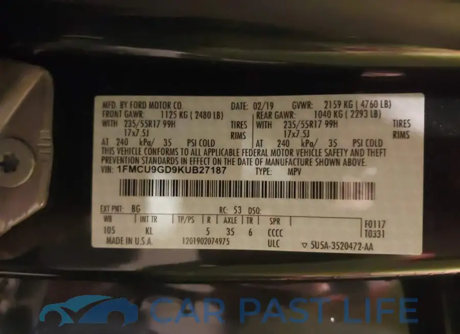 1FMCU9GD9KUB27187# 9