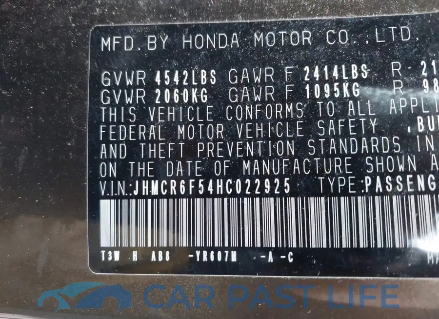 JHMCR6F54HC022925# 9