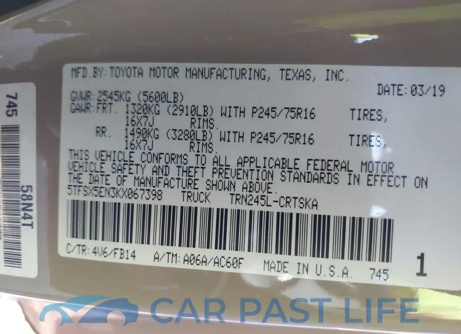 5TFSX5EN3KX067398# 9
