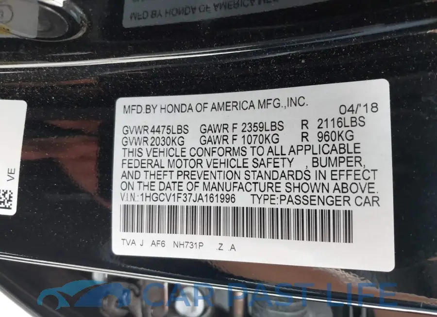 1HGCV1F37JA161996# 9