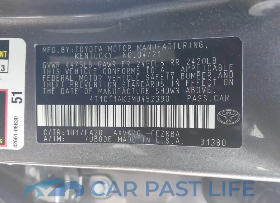 4T1C11AK3MU452390# 9