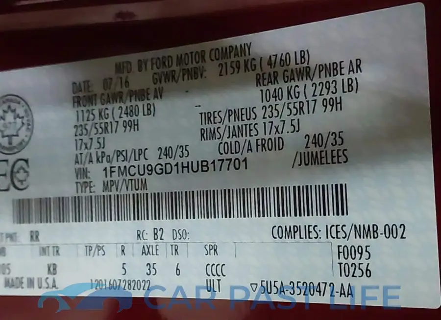 1FMCU9GD1HUB17701# 9