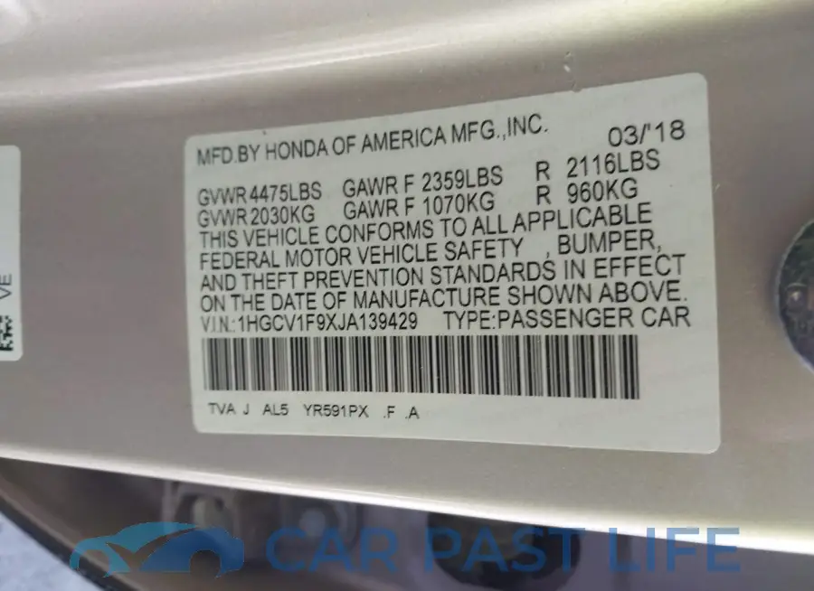 1HGCV1F9XJA139429# 9