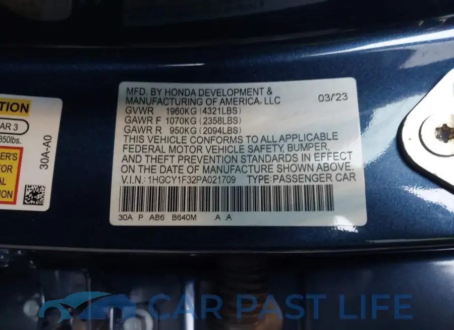 1HGCY1F32PA021709# 9