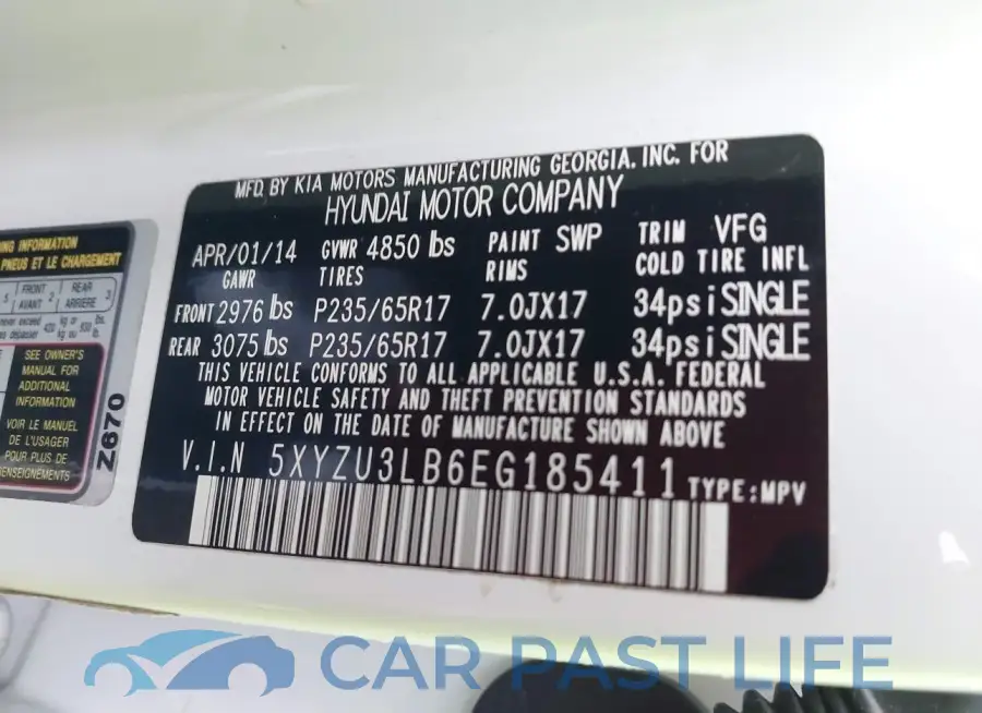5XYZU3LB6EG185411# 9