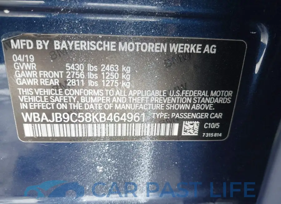 WBAJB9C58KB464961# 9