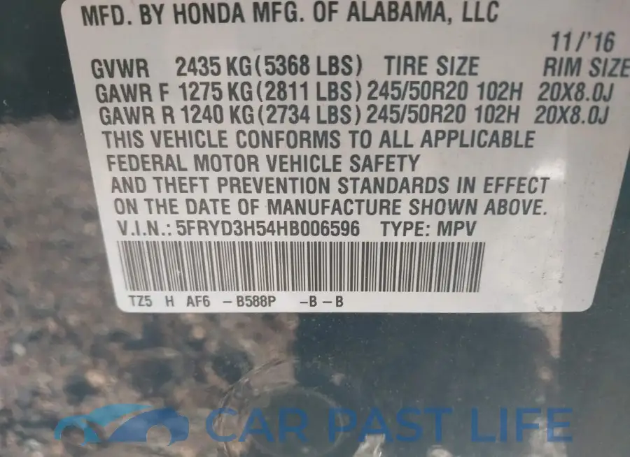 5FRYD3H54HB006596# 9