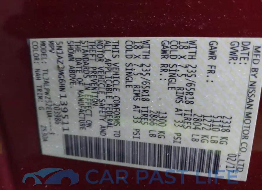 5N1AZ2MG6HN139511# 9
