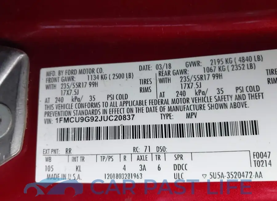 1FMCU9G92JUC20837# 9