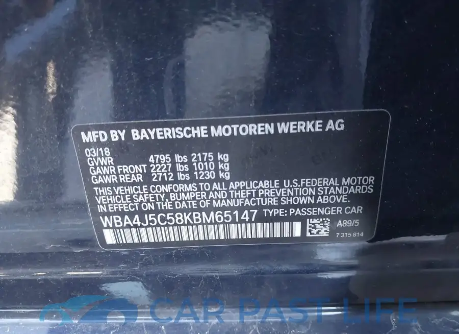 WBA4J5C58KBM65147# 9