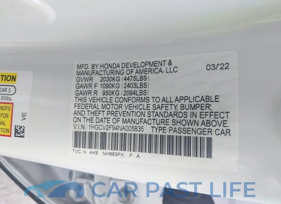 1HGCV2F94NA005835# 9