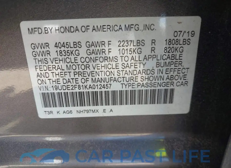19UDE2F81KA012457# 9