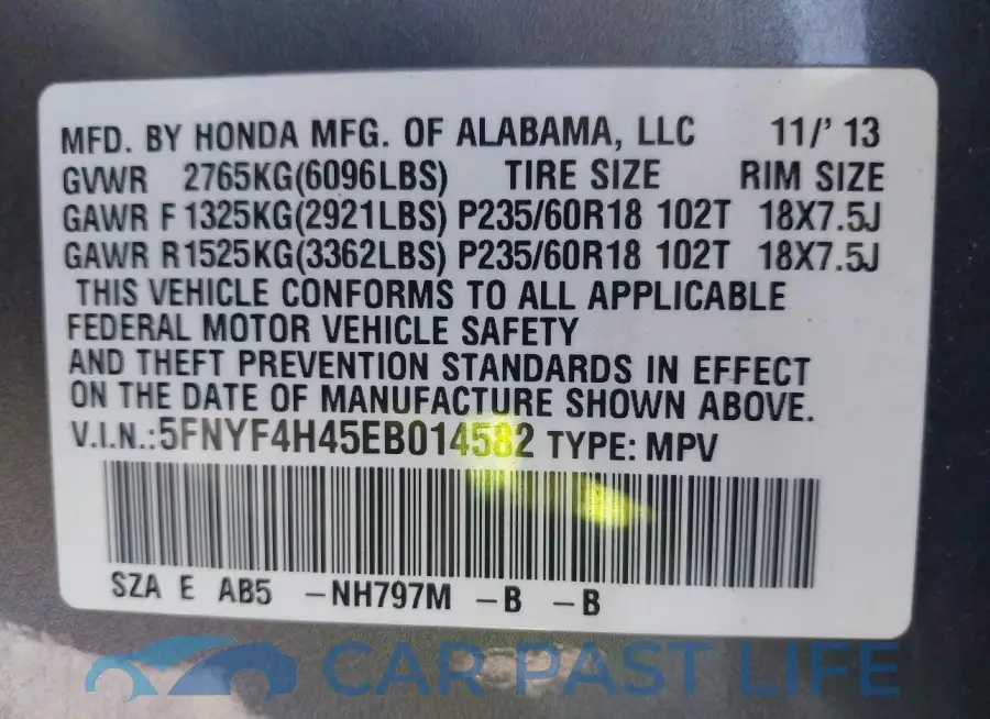 5FNYF4H45EB014582# 9