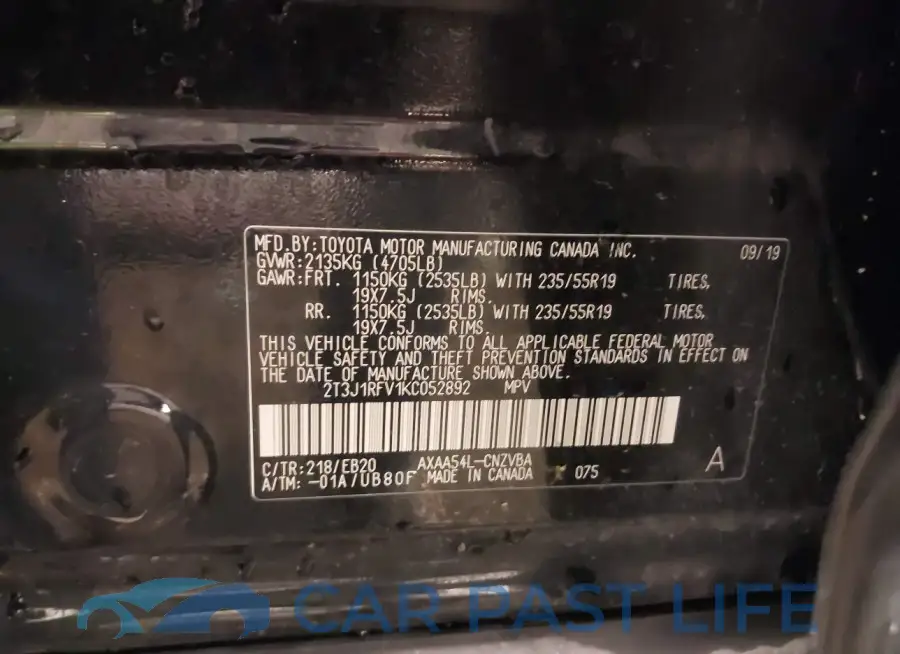 2T3J1RFV1KC052892# 9