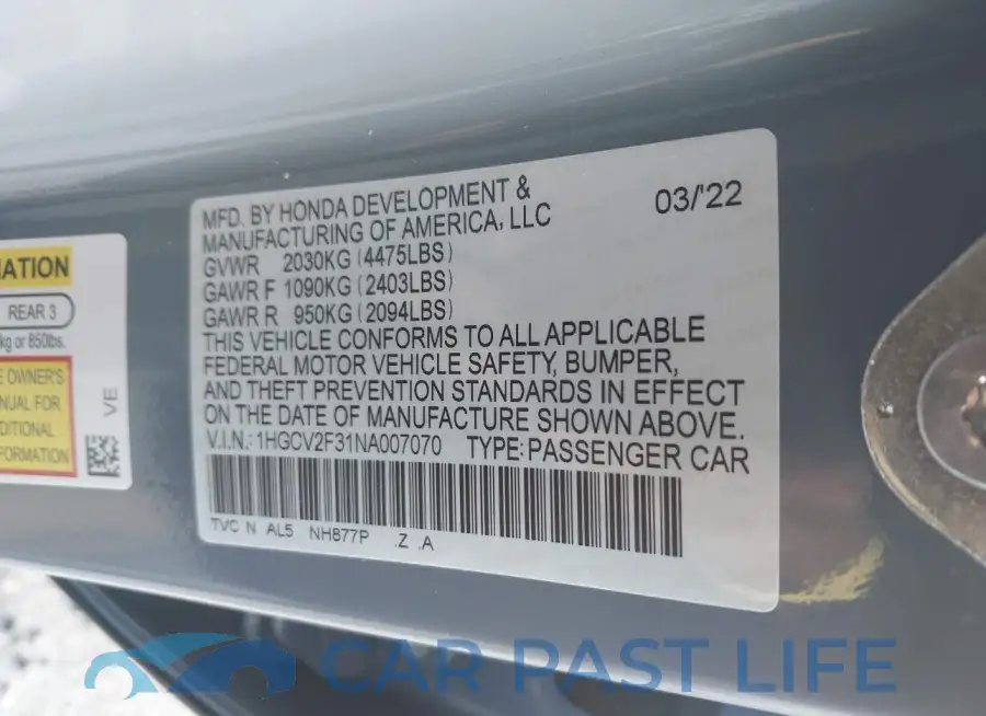 1HGCV2F31NA007070# 9