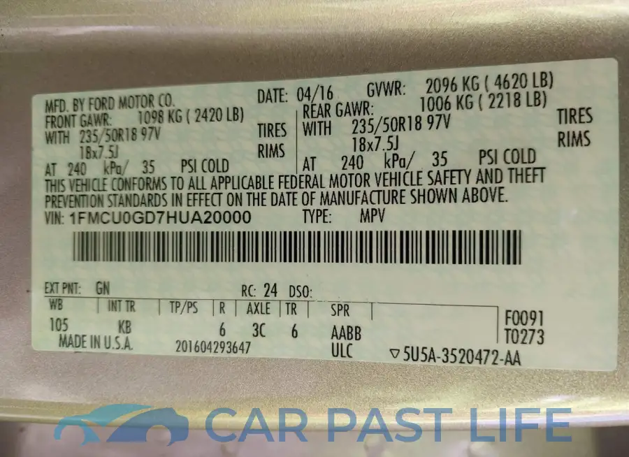 1FMCU0GD7HUA20000# 9