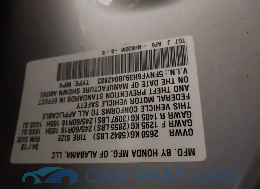 5FNYF6H39JB042883# 9