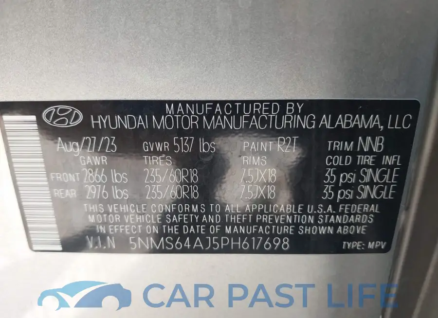 5NMS64AJ5PH617698# 9