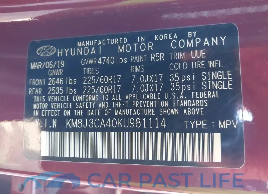 KM8J3CA40KU981114# 9