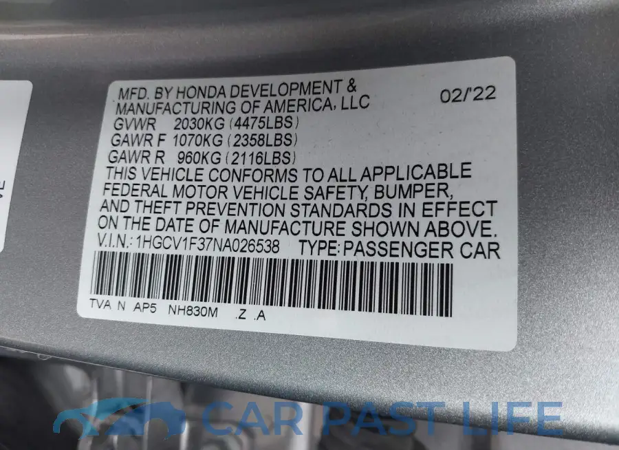 1HGCV1F37NA026538# 9