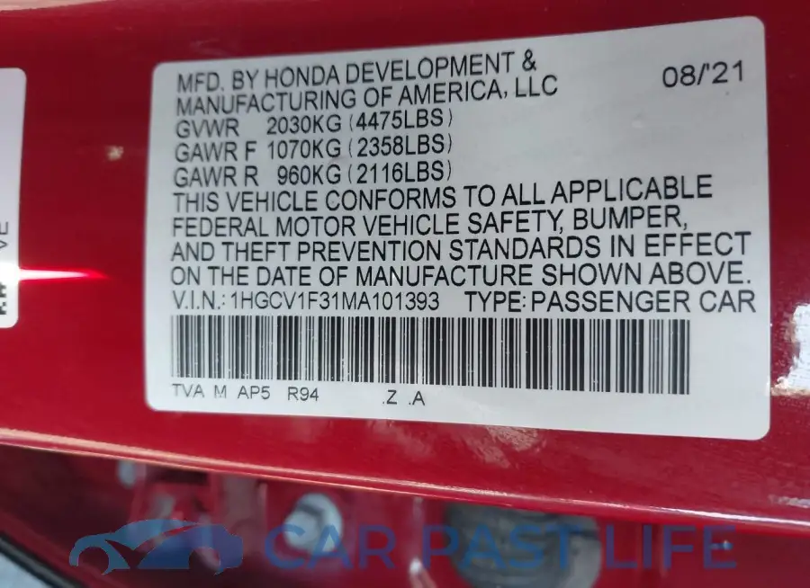 1HGCV1F31MA101393# 9
