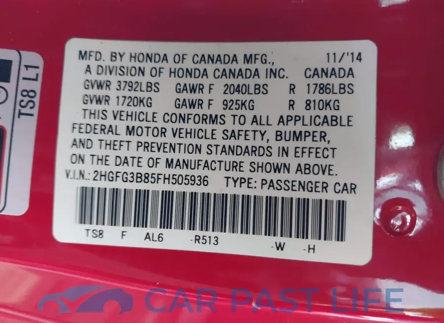 2HGFG3B85FH505936# 9