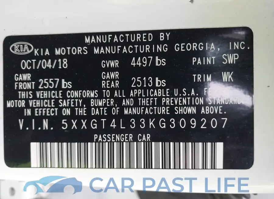 5XXGT4L33KG309207# 9
