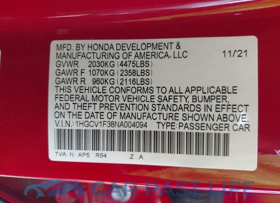 1HGCV1F38NA004094# 9