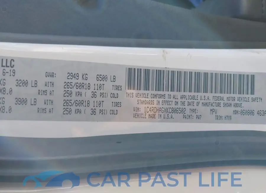 1C4RDHAGXKC806502# 9