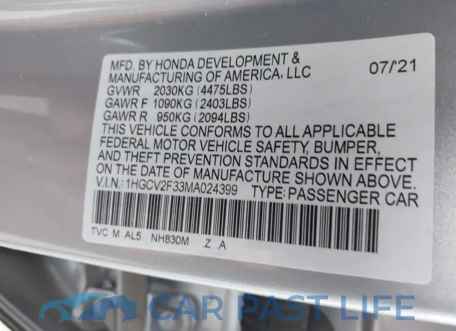 1HGCV2F33MA024399# 9