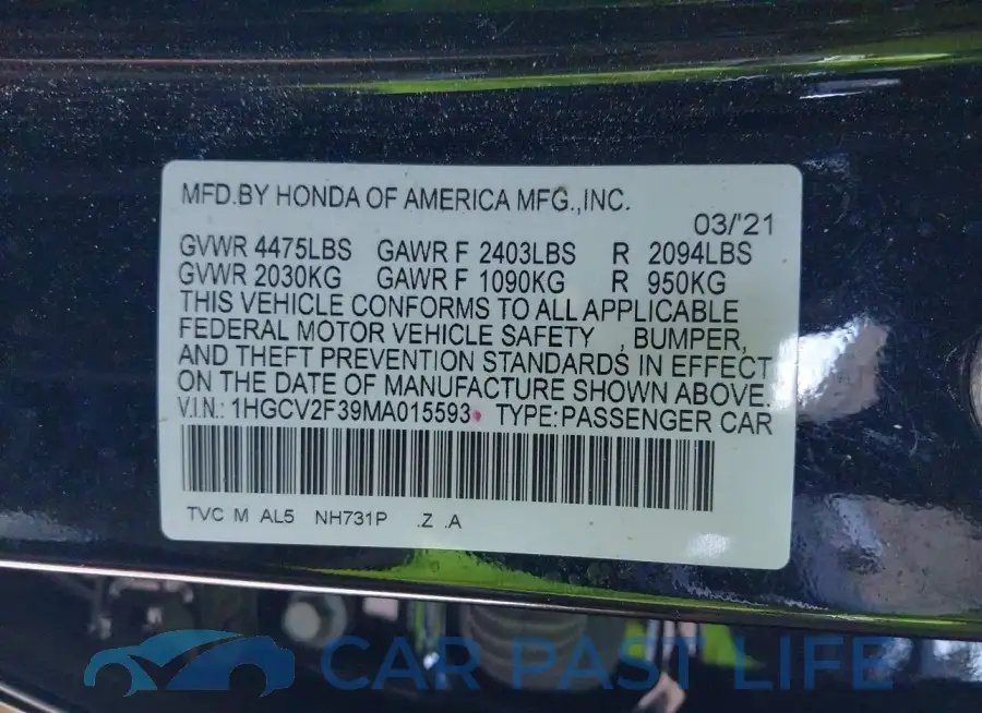 1HGCV2F39MA015593# 9