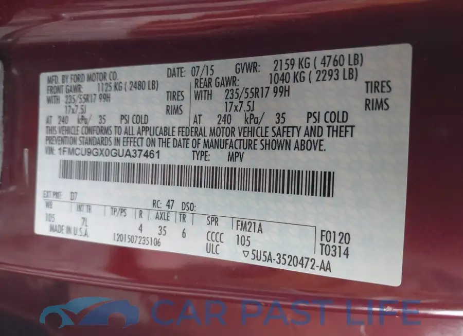 1FMCU9GX0GUA37461# 9