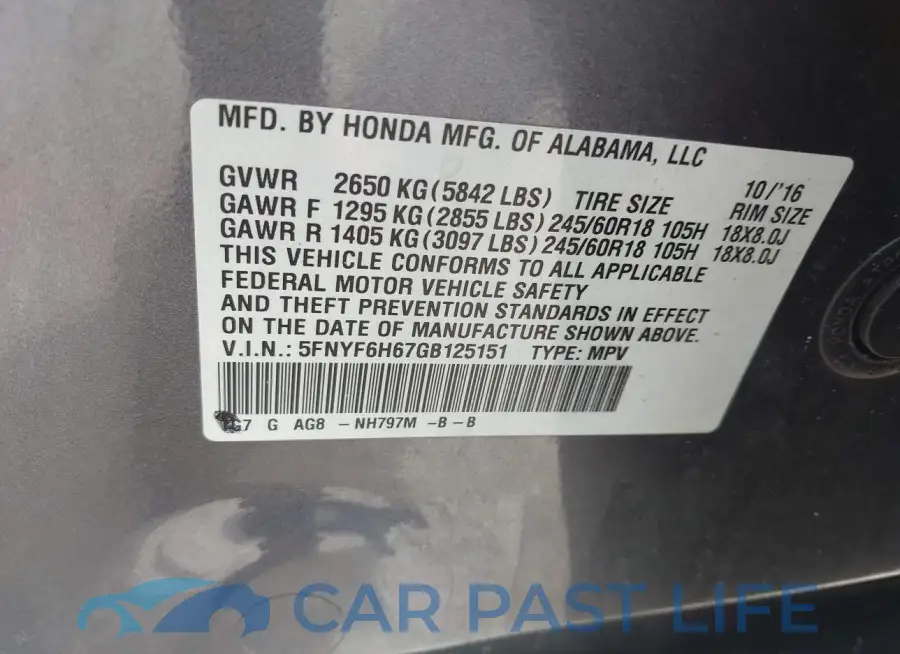 5FNYF6H67GB125151# 9
