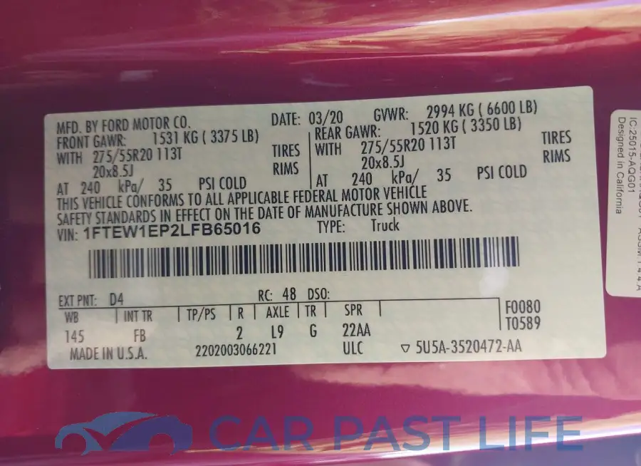 1FTEW1EP2LFB65016# 9