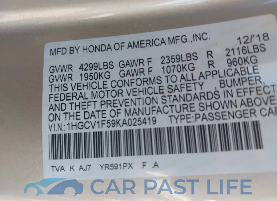 1HGCV1F59KA025419# 9