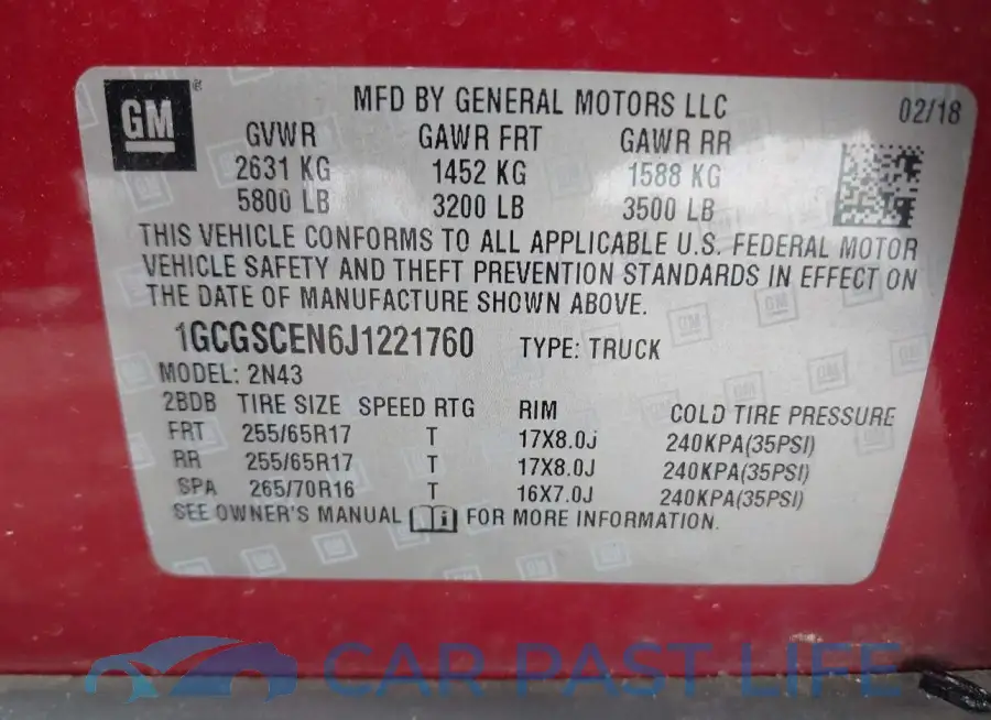 1GCGSCEN6J1221760# 9