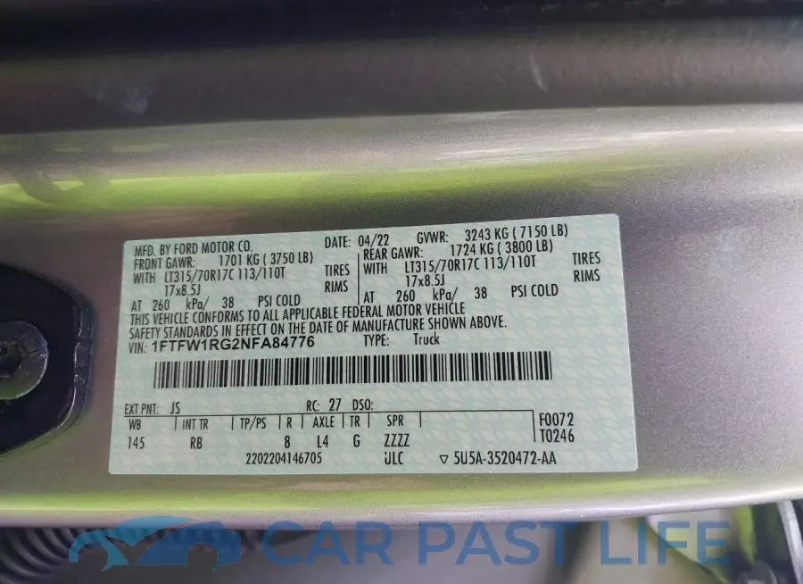1FTFW1RG2NFA84776# 9