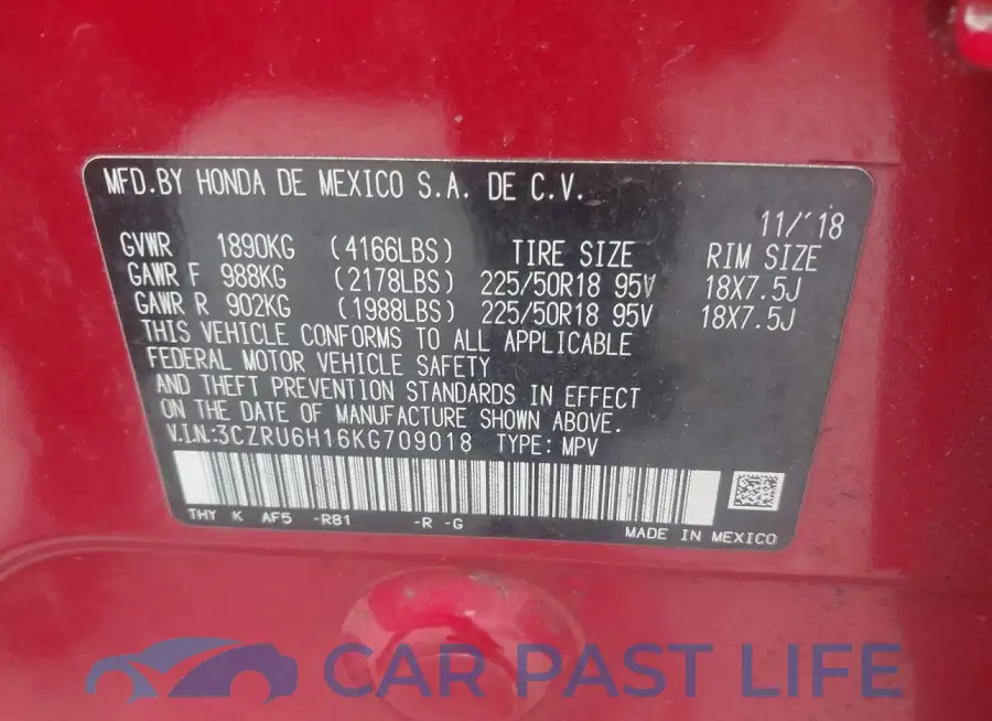 3CZRU6H16KG709018# 9